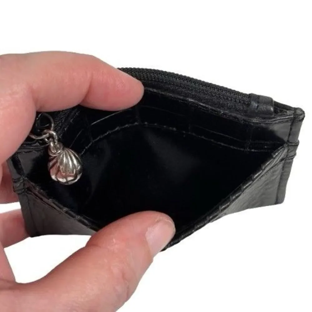 Brighton Leather Wallet Heart Coin Card ID Change Purse Black Croc Embossed Trim